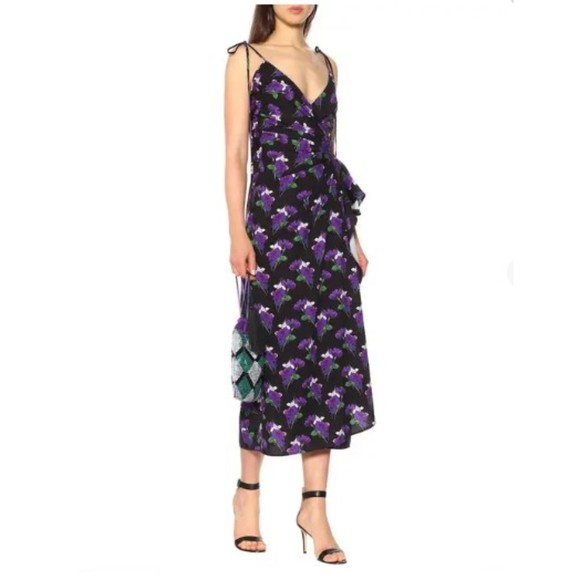 NWT Attico Women Floral Printed Wrap Dress Black Purple Size 40 Tie Shoulder - Picture 1 of 11